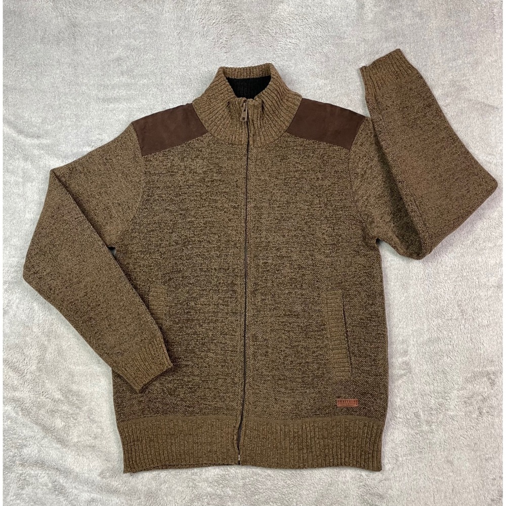 Buffalo David Bitton Full Zip Sweater Mens Small S Brown Fleece Lined Patch Yoke